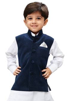 Navy Blue Printed Velvet nehru jacket