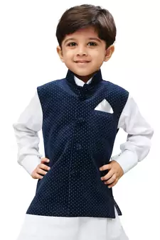 Navy Blue Printed Velvet nehru jacket