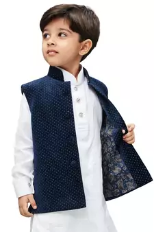 Navy Blue Printed Velvet nehru jacket