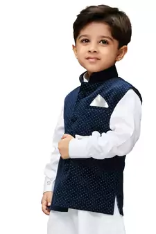 Navy Blue Printed Velvet nehru jacket