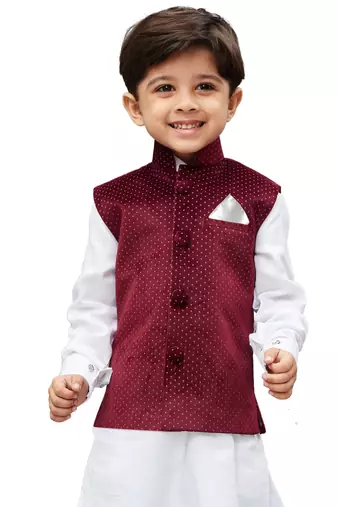 Maroon Printed Velvet Boys Nehru Jacket