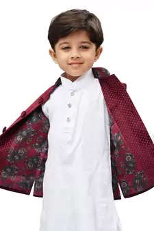 Maroon Printed Velvet Boys Nehru Jacket