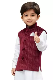 Maroon Printed Velvet Boys Nehru Jacket