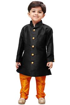 Black Solid Silk Blend Boys Sherwani