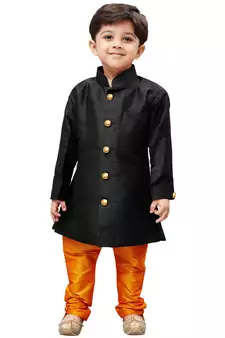 Black Solid Silk Blend Boys Sherwani