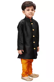 Black Solid Silk Blend Boys Sherwani