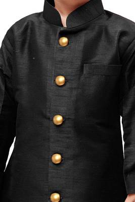Black Solid Silk Blend Boys Sherwani 3