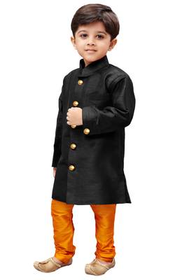 Black Solid Silk Blend Boys Sherwani 4