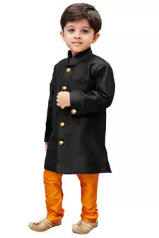 Black Solid Silk Blend Boys Sherwani