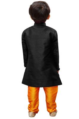 Black Solid Silk Blend Boys Sherwani 5