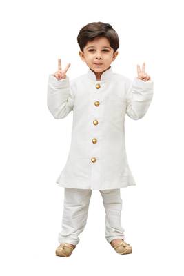 White Solid Silk Blend Boys Sherwani 1