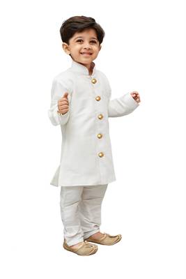White Solid Silk Blend Boys Sherwani 2