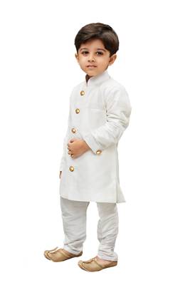 White Solid Silk Blend Boys Sherwani 4