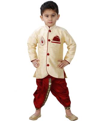 Gold Embroidered Cotton Silk Boys Indo Western Dress 1
