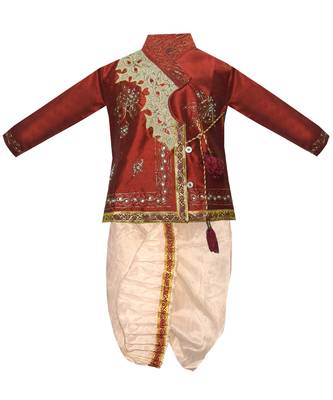 Maroon Embroidered Cotton Silk Boys Dhoti Kurta 1