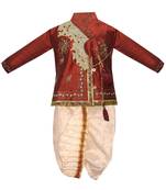 Maroon Embroidered Cotton Silk Boys Dhoti Kurta