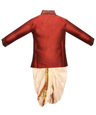 Maroon Embroidered Cotton Silk Boys Dhoti Kurta 2