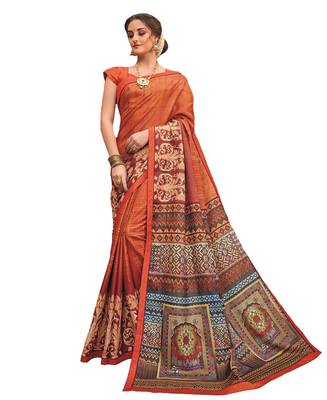 Orange Printed Art Silk saree with blouse 1