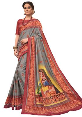 Grey Printed Art Silk saree with blouse 1