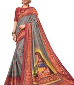 Grey Printed Art Silk saree with blouse