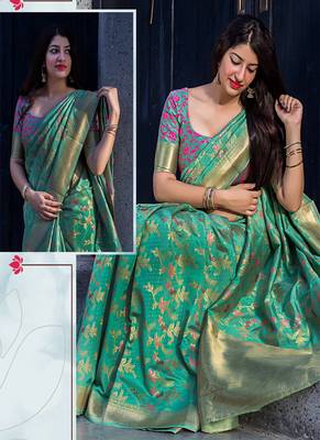 Green woven banarasi saree with blouse 2