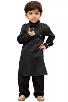 Black Solid Cotton Boys Pathani Khan Suit
