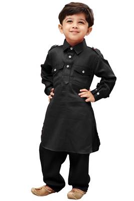 Black Solid Cotton Boys Pathani Khan Suit 4
