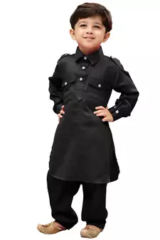 Black Solid Cotton Boys Pathani Khan Suit