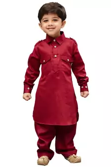 Maroon Solid Cotton Boys Pathani Khan Suit