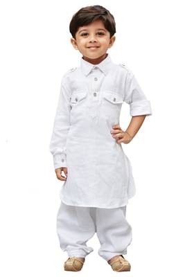 White Solid Cotton Boys Pathani Khan Suit 1