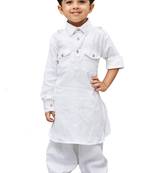 White Solid Cotton Boys Pathani Khan Suit