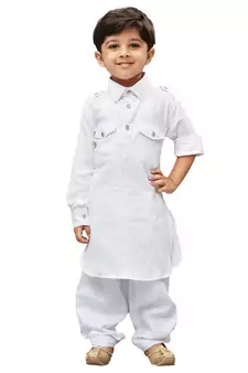 White Solid Cotton Boys Pathani Khan Suit