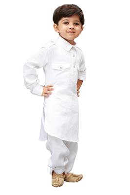 White Solid Cotton Boys Pathani Khan Suit 4