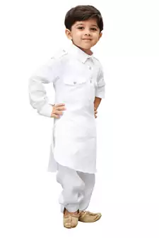 White Solid Cotton Boys Pathani Khan Suit