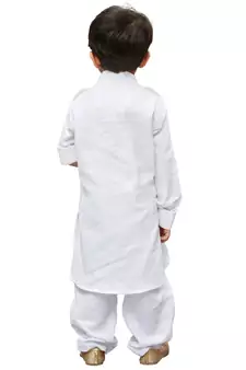 White Solid Cotton Boys Pathani Khan Suit