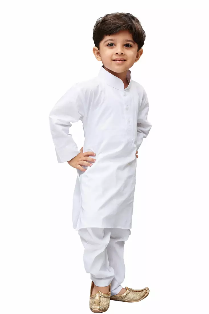 White Solid Cotton Boys Kurta Pyjama
