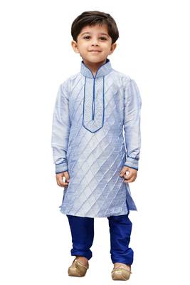 Bluish White Embroidered Cotton Silk Boys Kurta Pyjama 1