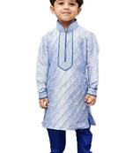 Bluish White Embroidered Cotton Silk Boys Kurta Pyjama