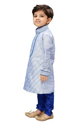 Bluish White Embroidered Cotton Silk Boys Kurta Pyjama 4