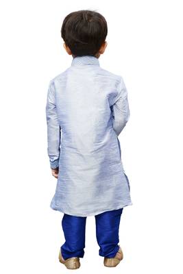 Bluish White Embroidered Cotton Silk Boys Kurta Pyjama 5
