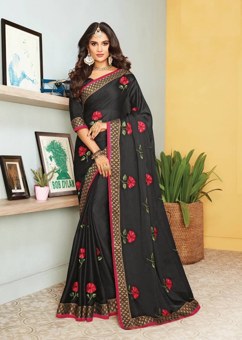 Black Embroidered Georgette Silk Saree With Blouse