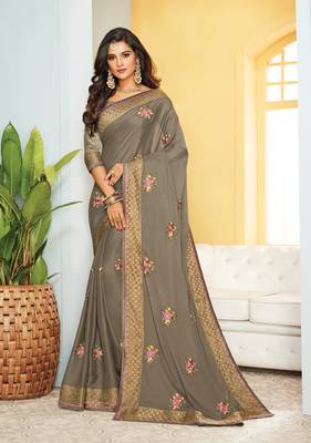 Grey Embroidered Georgette Silk Saree With Blouse 1