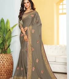 Grey Embroidered Georgette Silk Saree With Blouse