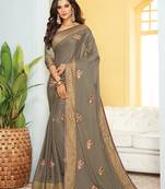 Grey Embroidered Georgette Silk Saree With Blouse