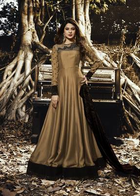 Gold Resham Embroidery Silk With Velvet Semi Stitched Anarkali Suit 1