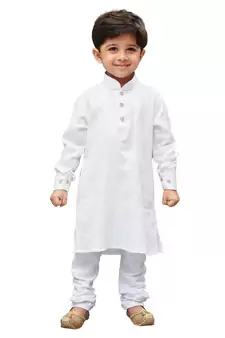 White Solid Cotton Boys Kurta Pyjama