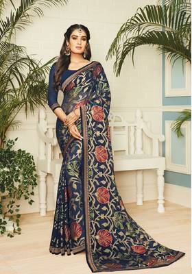 Dark-Blue Brasso Georgette Saree With Blouse 1
