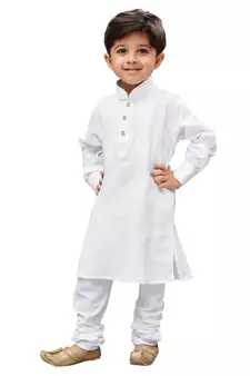 White Solid Cotton Boys Kurta Pyjama