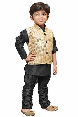 Black Embroidered Cotton Silk Boys Kurta Pyjama 4