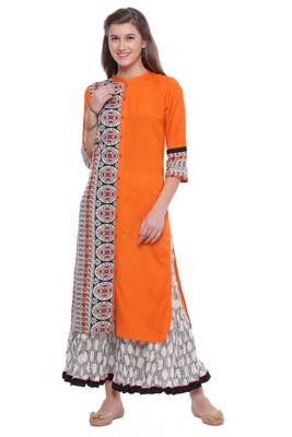   Orange printed rayon kurti 1